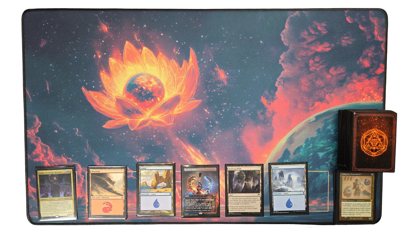 WizardWard Golden Meteor Lotus Play Mat for TCG & Board Games, MTG Zones, Durable Stitched Edges,